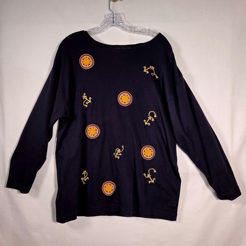 Vintage 90's Navy Blue Nautical Embroidered Anchor Compass Top‎ 100% Cotton